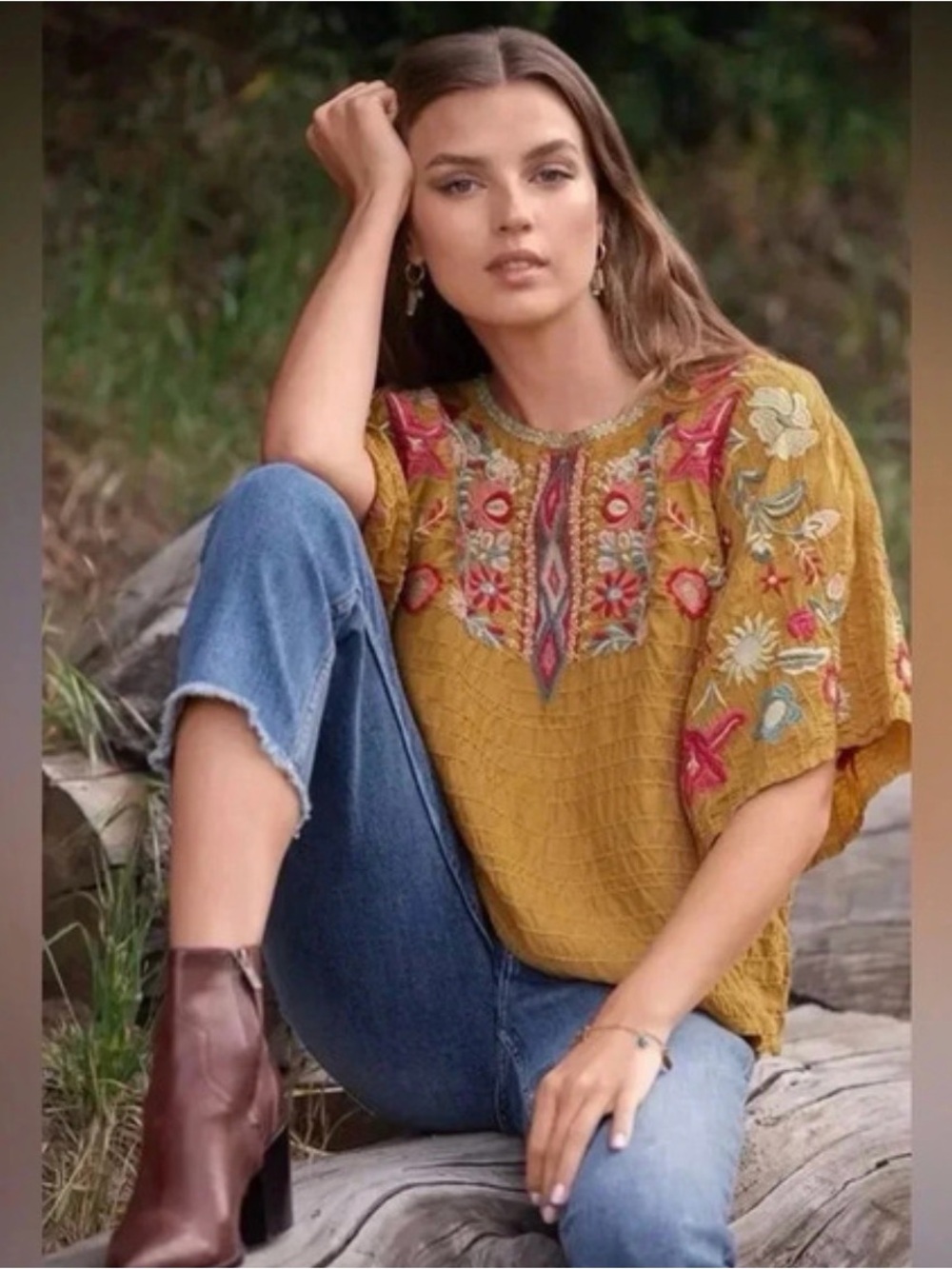 Johnny Was Mustard Embroidered Boho Tunic